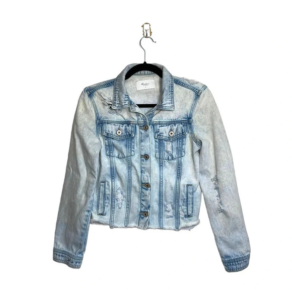 KanCan 100% Cotton Light Acid Wash Destructed Cropped Denim Jacket Small Women’s - Picture 2 of 14